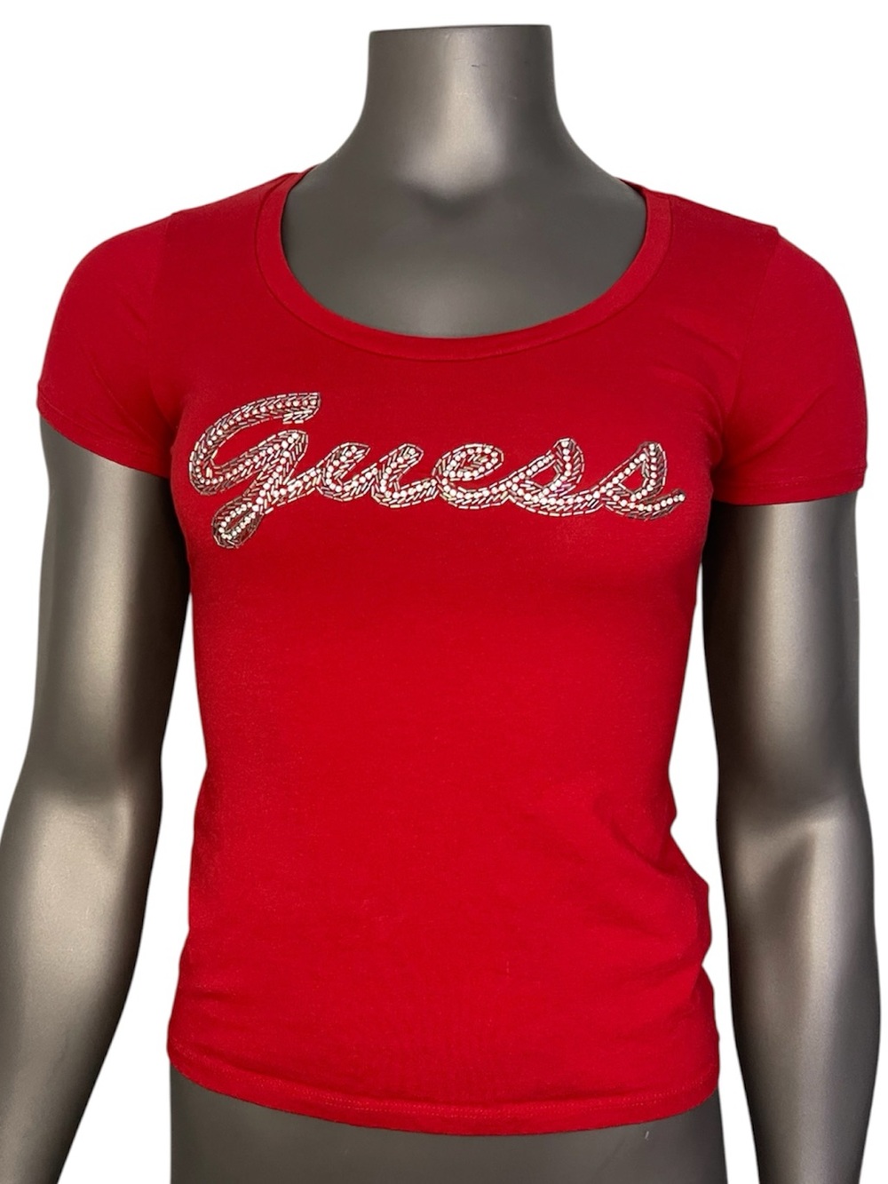GUESS Red Short Sleeve Logo Tee XS Beaded Rhinestone Script Y2K Streetwear